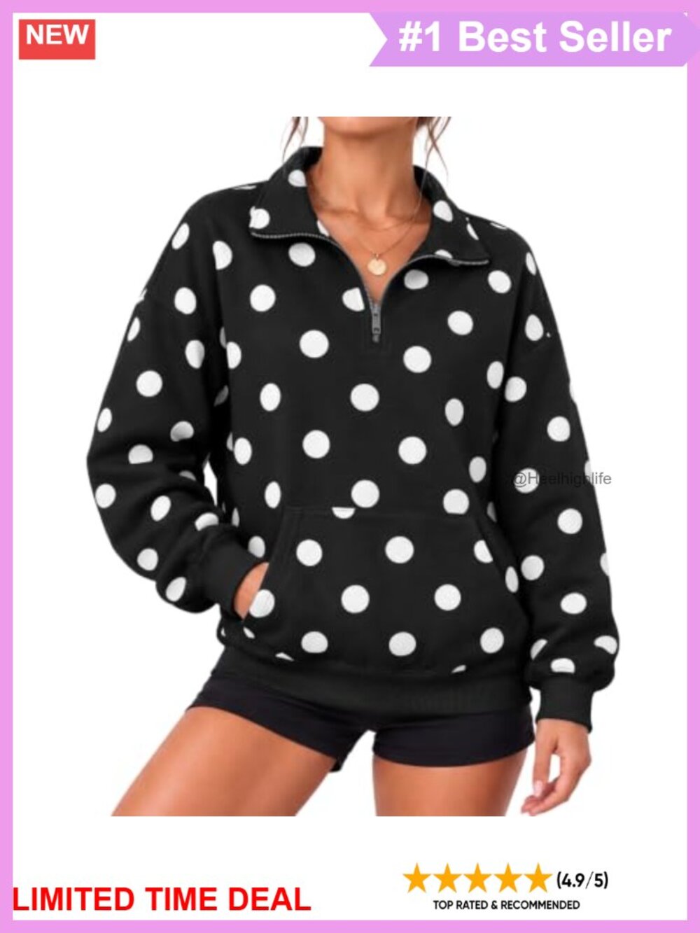 Polka Dot Half Zip Pullover Long Sleeve Sweatshirt Kangaroo Pocket